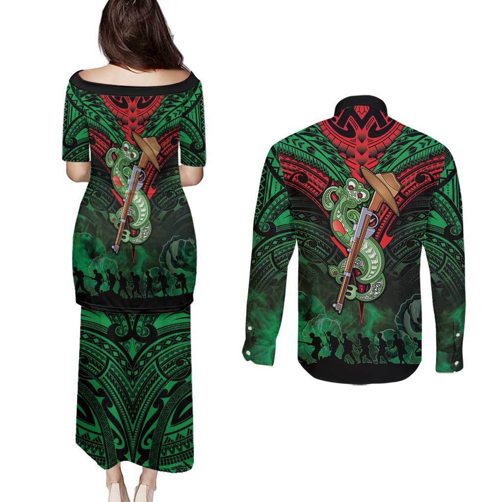 New Zealand ANZAC Day Couples Matching Puletasi and Long Sleeve Button Shirt Aotearoa Hei Tiki