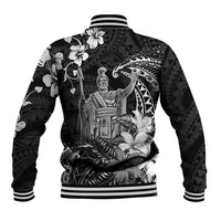 Hawaii King Kamehameha Day Baseball Jacket Polynesian Pattern Mix Hibiscus Black