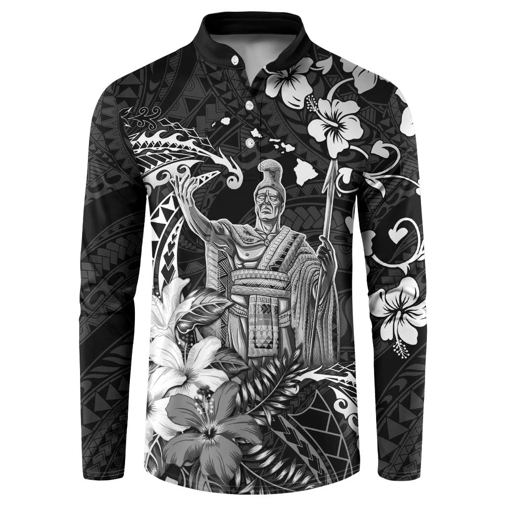 Hawaii King Kamehameha Day Button Sweatshirt Polynesian Pattern Mix Hibiscus Black