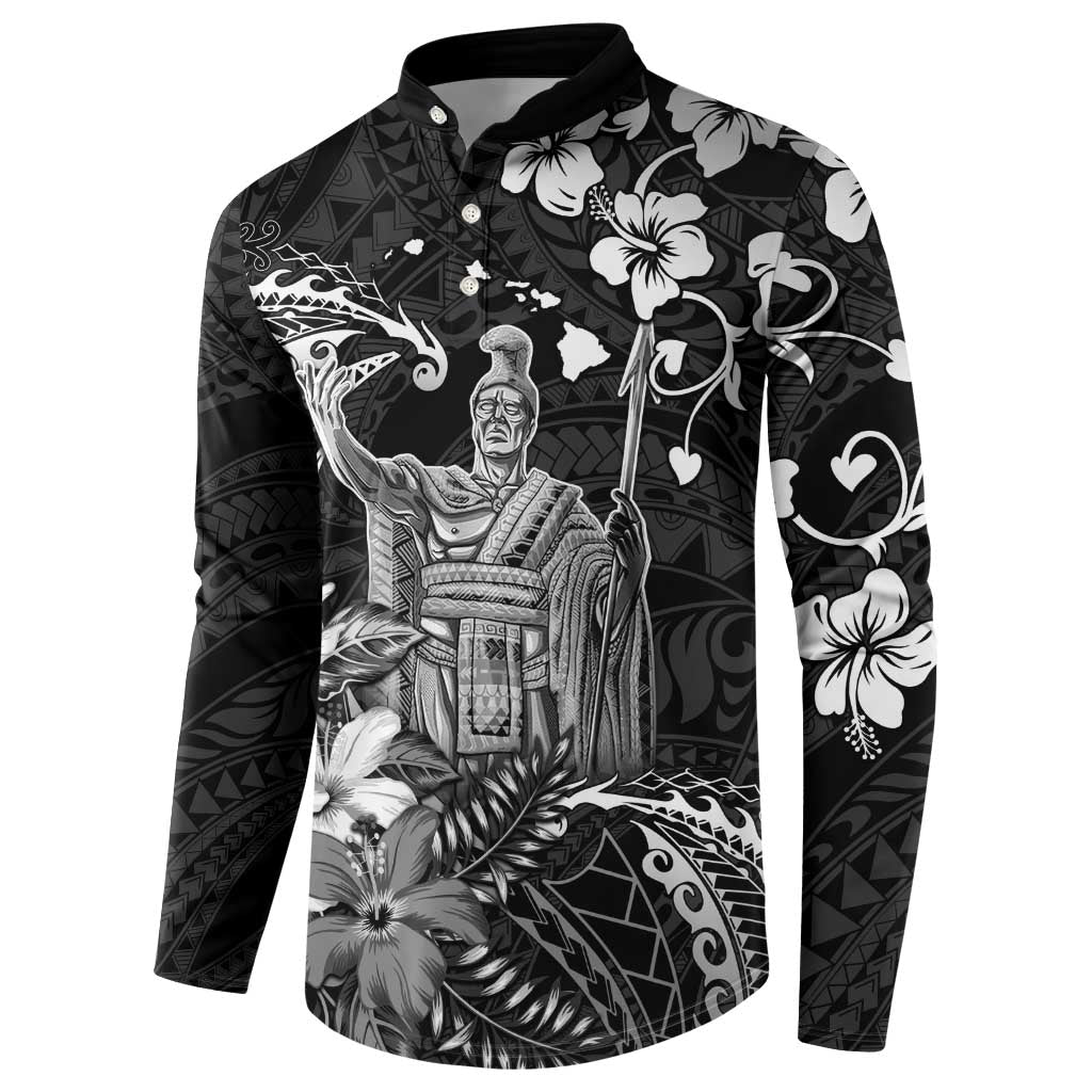 Hawaii King Kamehameha Day Button Sweatshirt Polynesian Pattern Mix Hibiscus Black
