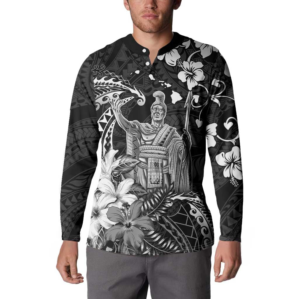 Hawaii King Kamehameha Day Button Sweatshirt Polynesian Pattern Mix Hibiscus Black