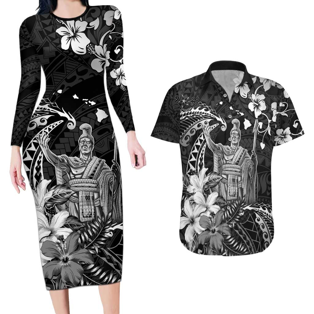 Hawaii King Kamehameha Day Couples Matching Long Sleeve Bodycon Dress and Hawaiian Shirt Polynesian Pattern Mix Hibiscus Black