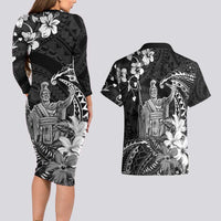 Hawaii King Kamehameha Day Couples Matching Long Sleeve Bodycon Dress and Hawaiian Shirt Polynesian Pattern Mix Hibiscus Black