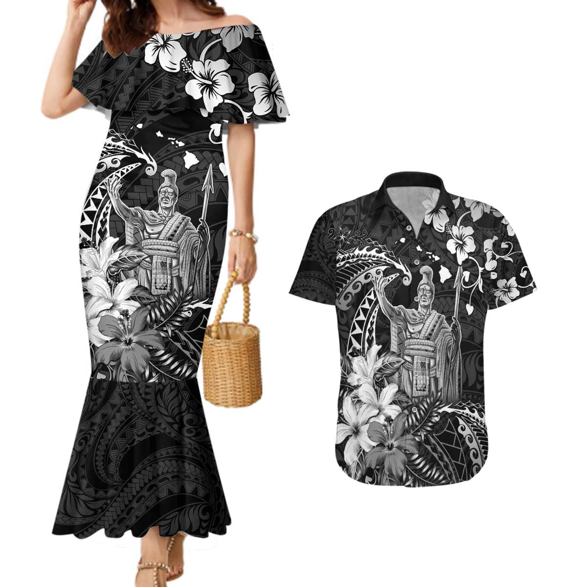 Hawaii King Kamehameha Day Couples Matching Mermaid Dress and Hawaiian Shirt Polynesian Pattern Mix Hibiscus Black