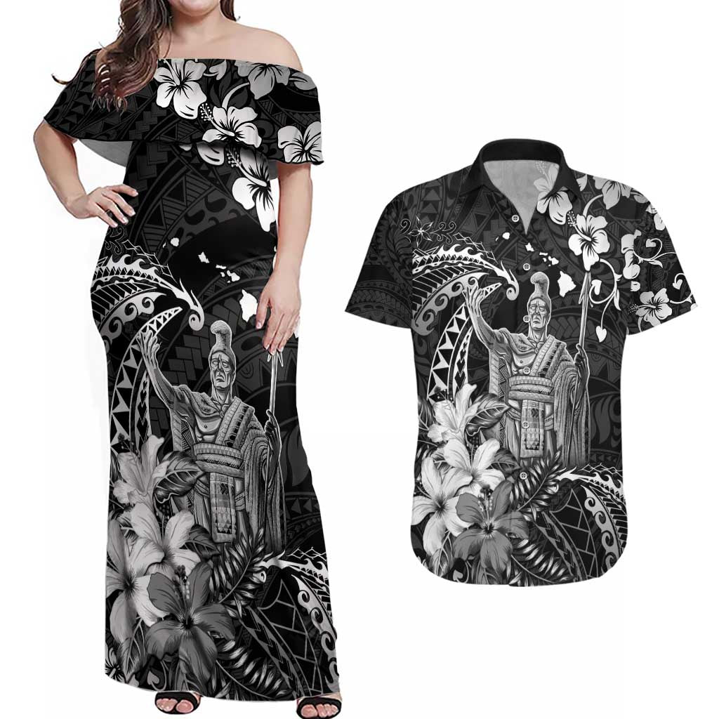 Hawaii King Kamehameha Day Couples Matching Off Shoulder Maxi Dress and Hawaiian Shirt Polynesian Pattern Mix Hibiscus Black