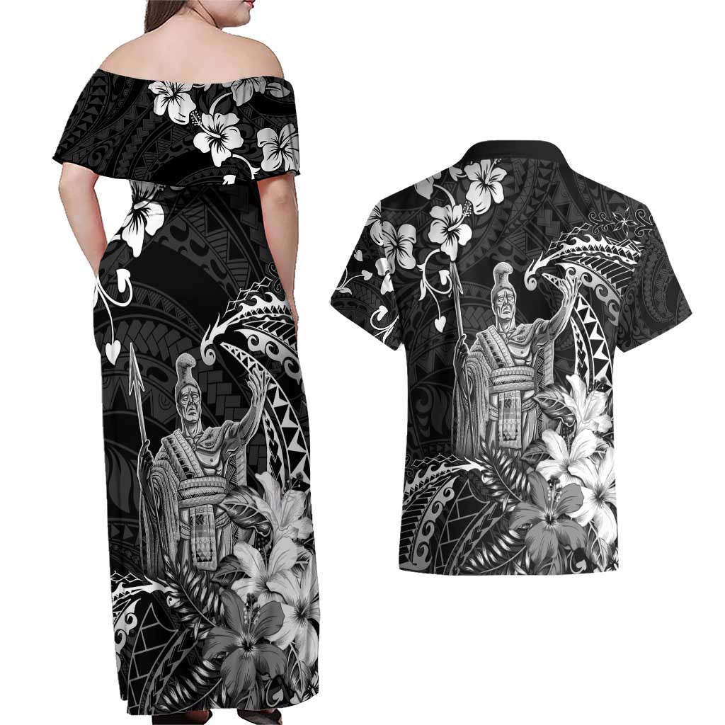 Hawaii King Kamehameha Day Couples Matching Off Shoulder Maxi Dress and Hawaiian Shirt Polynesian Pattern Mix Hibiscus Black