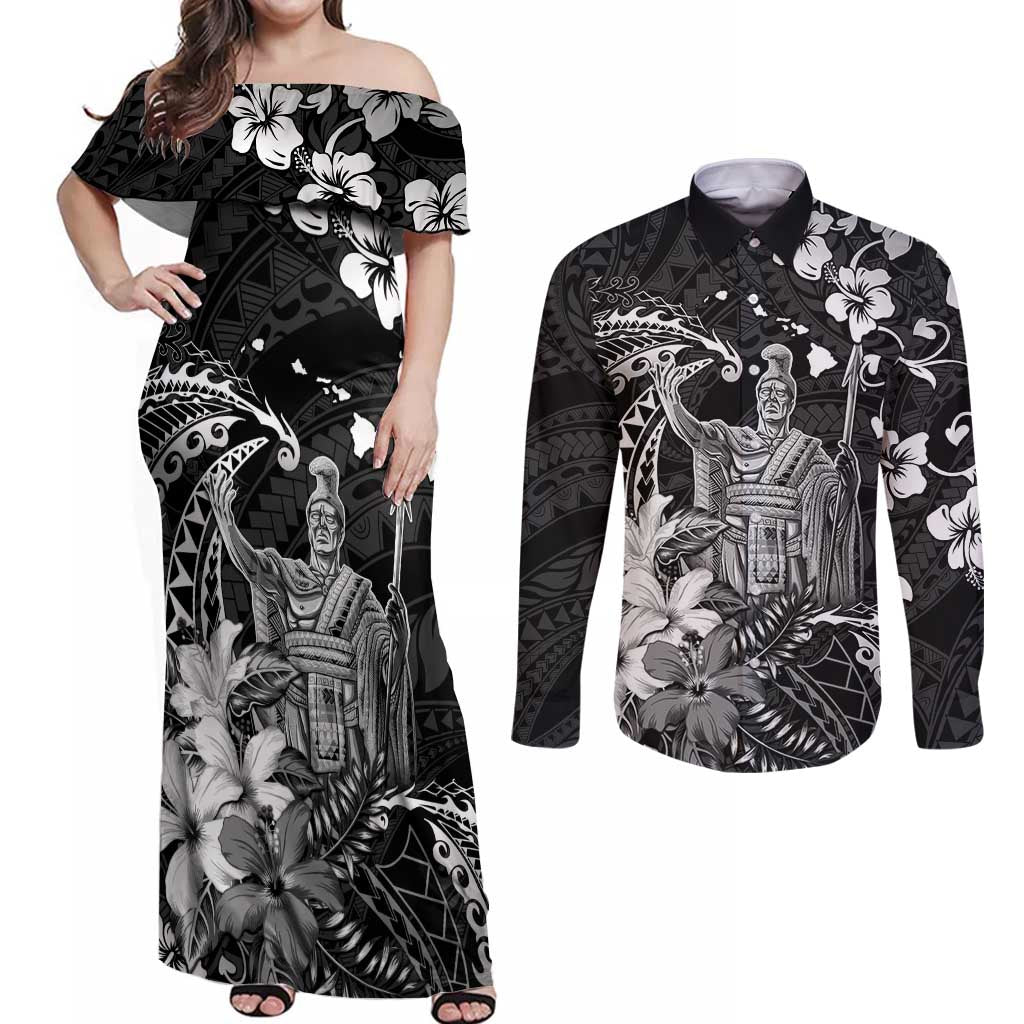 Hawaii King Kamehameha Day Couples Matching Off Shoulder Maxi Dress and Long Sleeve Button Shirt Polynesian Pattern Mix Hibiscus Black