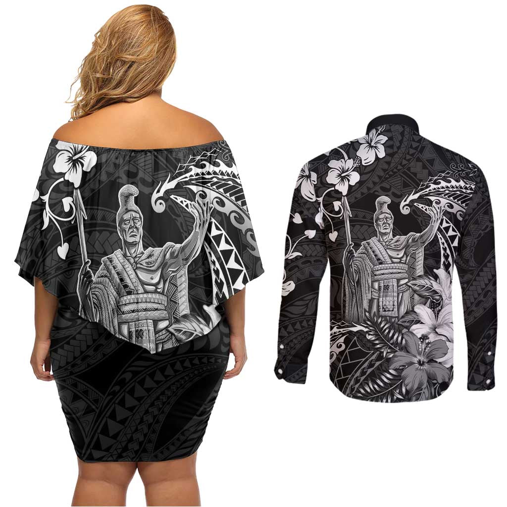 Hawaii King Kamehameha Day Couples Matching Off Shoulder Short Dress and Long Sleeve Button Shirt Polynesian Pattern Mix Hibiscus Black