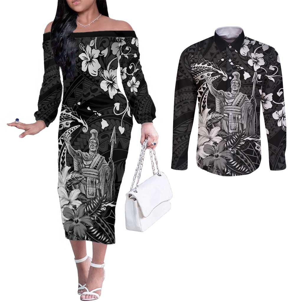Hawaii King Kamehameha Day Couples Matching Off The Shoulder Long Sleeve Dress and Long Sleeve Button Shirt Polynesian Pattern Mix Hibiscus Black
