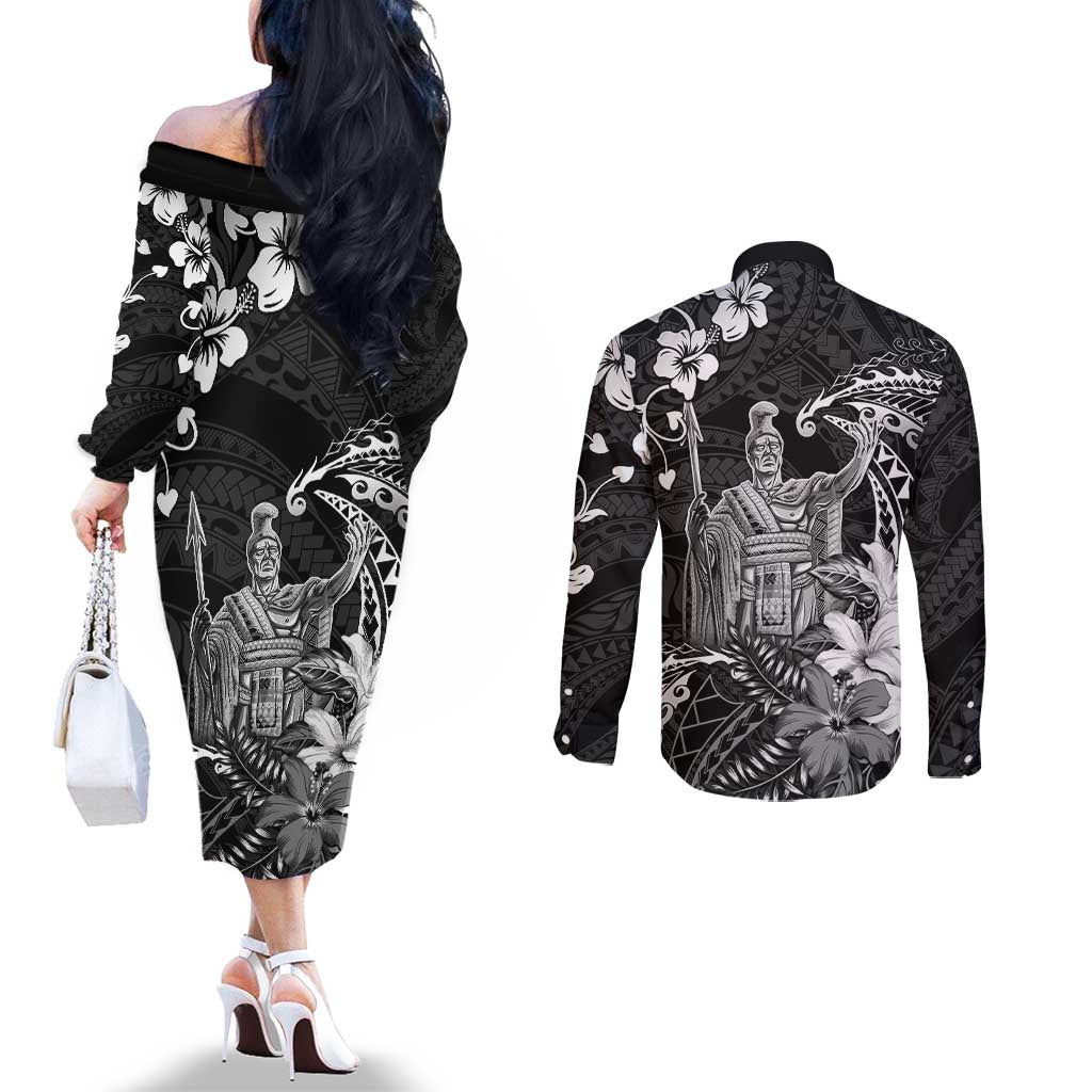 Hawaii King Kamehameha Day Couples Matching Off The Shoulder Long Sleeve Dress and Long Sleeve Button Shirt Polynesian Pattern Mix Hibiscus Black