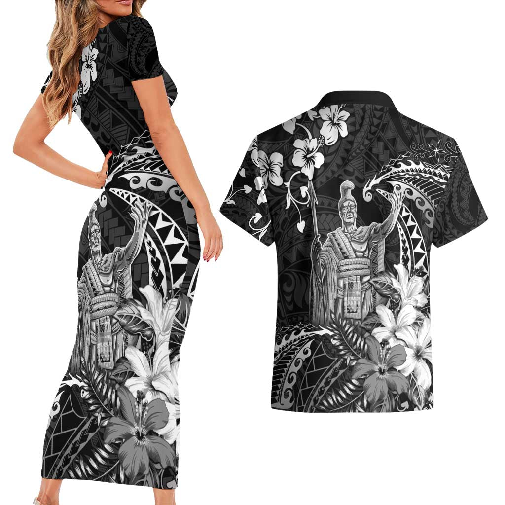 Hawaii King Kamehameha Day Couples Matching Short Sleeve Bodycon Dress and Hawaiian Shirt Polynesian Pattern Mix Hibiscus Black