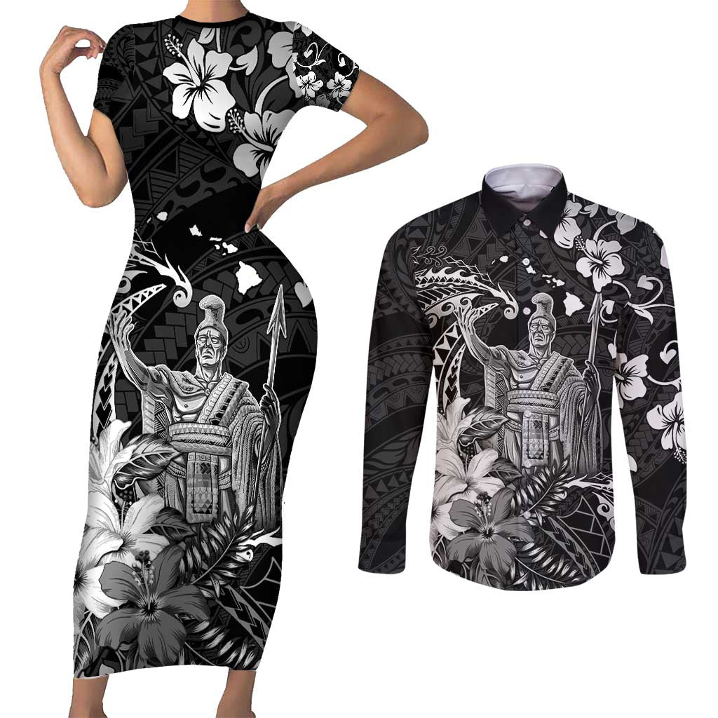 Hawaii King Kamehameha Day Couples Matching Short Sleeve Bodycon Dress and Long Sleeve Button Shirt Polynesian Pattern Mix Hibiscus Black