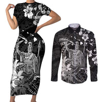 Hawaii King Kamehameha Day Couples Matching Short Sleeve Bodycon Dress and Long Sleeve Button Shirt Polynesian Pattern Mix Hibiscus Black