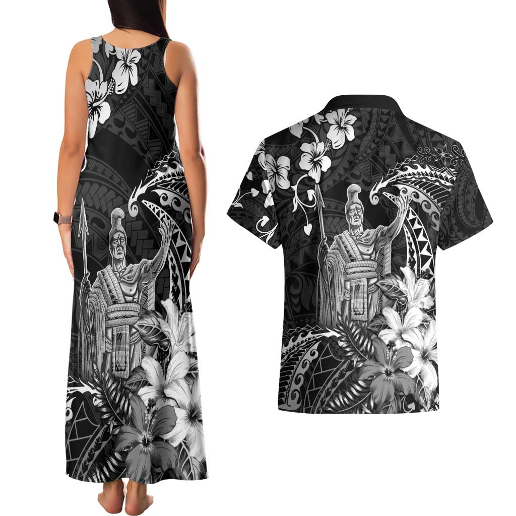 Hawaii King Kamehameha Day Couples Matching Tank Maxi Dress and Hawaiian Shirt Polynesian Pattern Mix Hibiscus Black