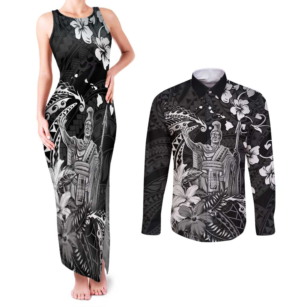 Hawaii King Kamehameha Day Couples Matching Tank Maxi Dress and Long Sleeve Button Shirt Polynesian Pattern Mix Hibiscus Black
