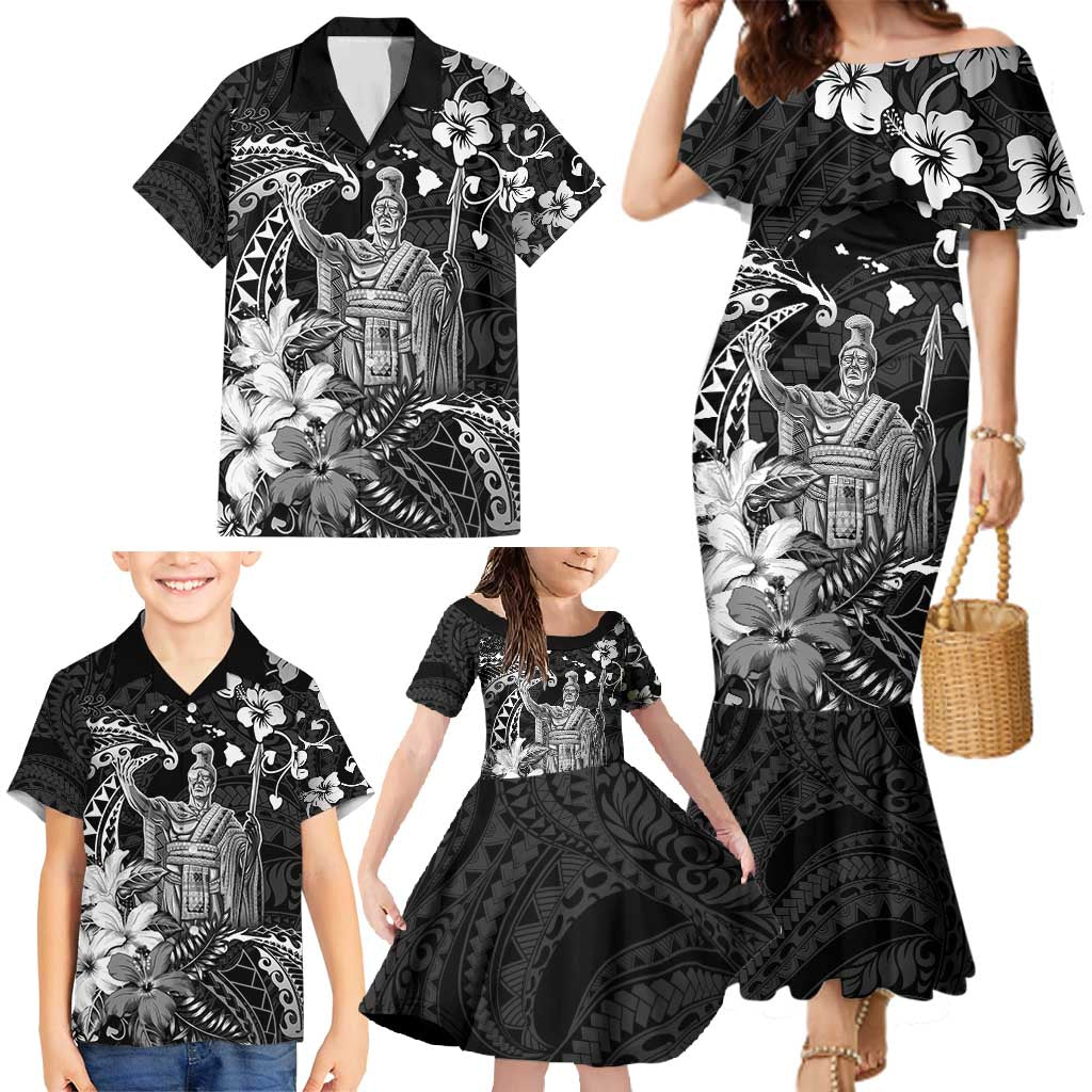 Hawaii King Kamehameha Day Family Matching Mermaid Dress and Hawaiian Shirt Polynesian Pattern Mix Hibiscus Black