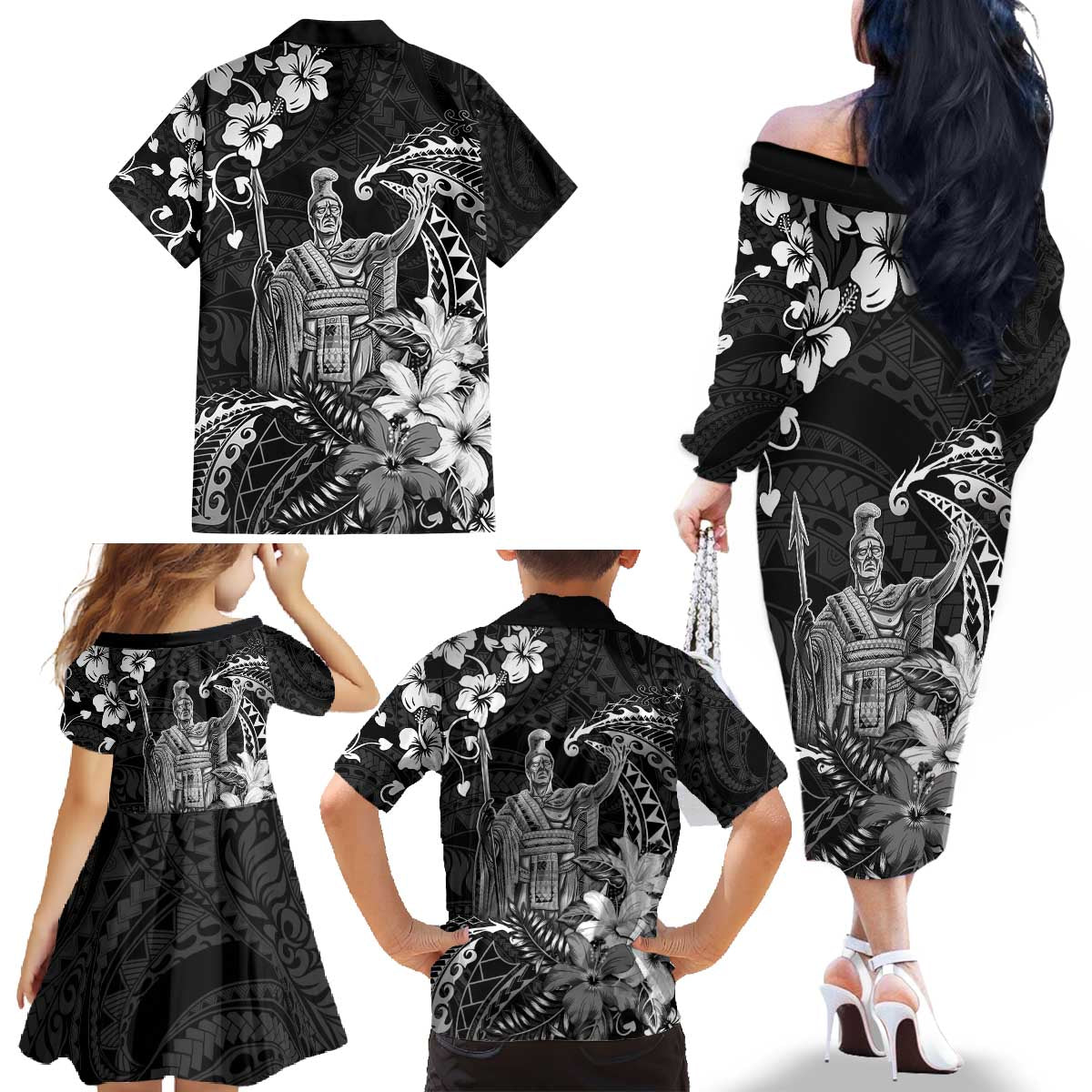 Hawaii King Kamehameha Day Family Matching Off The Shoulder Long Sleeve Dress and Hawaiian Shirt Polynesian Pattern Mix Hibiscus Black