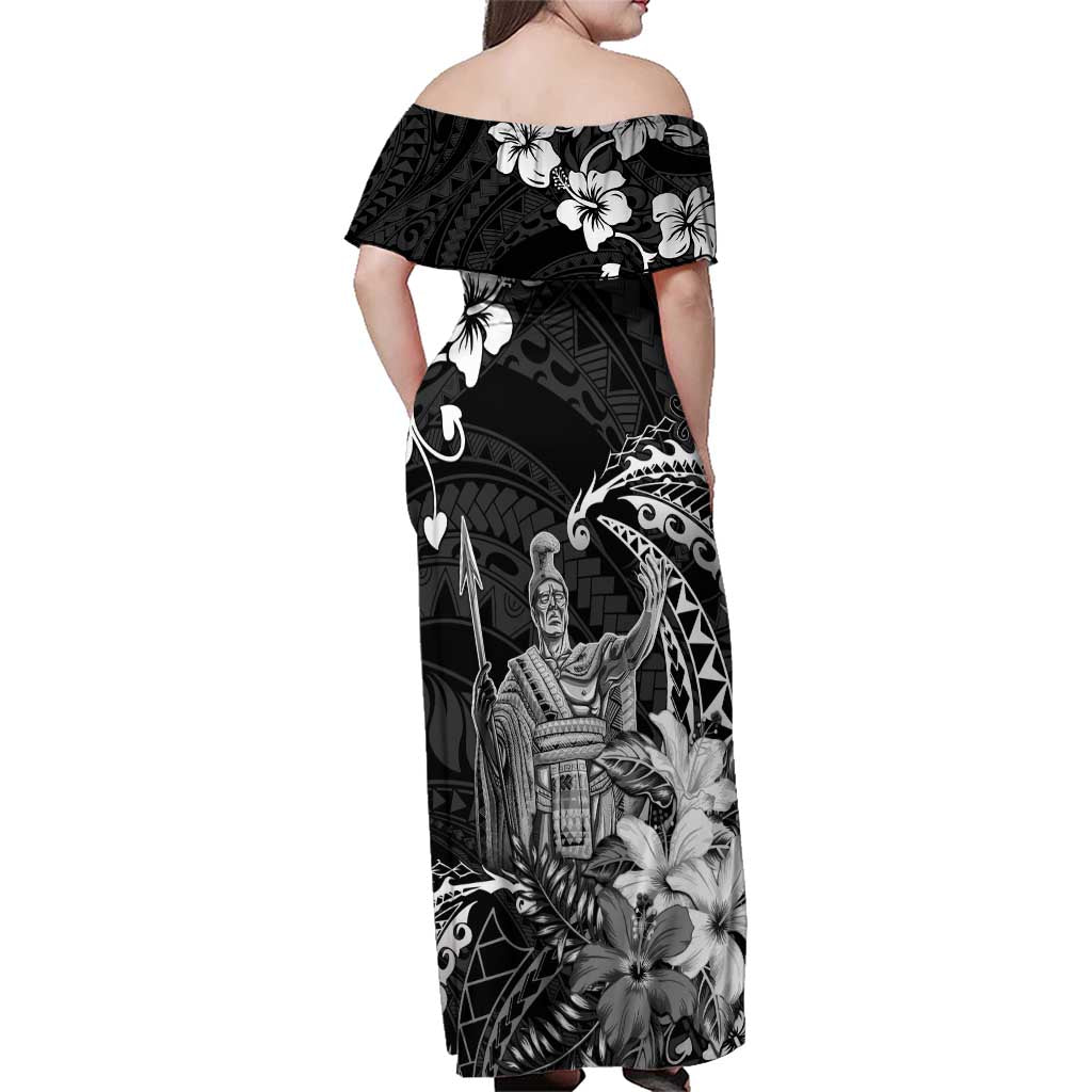 Hawaii King Kamehameha Day Family Matching Off Shoulder Maxi Dress and Hawaiian Shirt Polynesian Pattern Mix Hibiscus Black