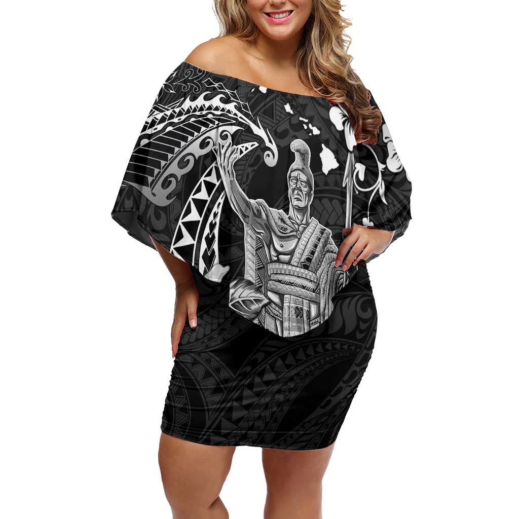 Hawaii King Kamehameha Day Family Matching Off Shoulder Short Dress and Hawaiian Shirt Polynesian Pattern Mix Hibiscus Black