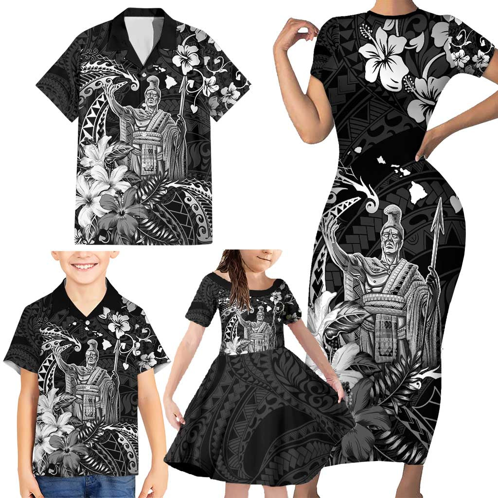 Hawaii King Kamehameha Day Family Matching Short Sleeve Bodycon Dress and Hawaiian Shirt Polynesian Pattern Mix Hibiscus Black