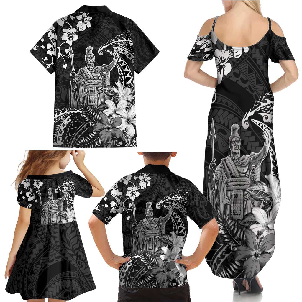 Hawaii King Kamehameha Day Family Matching Summer Maxi Dress and Hawaiian Shirt Polynesian Pattern Mix Hibiscus Black