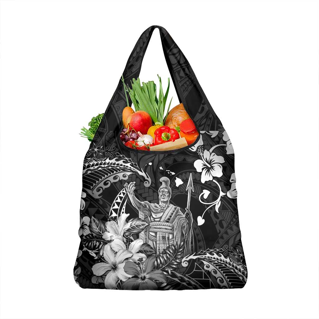 Hawaii King Kamehameha Day Grocery Bag Polynesian Pattern Mix Hibiscus Black