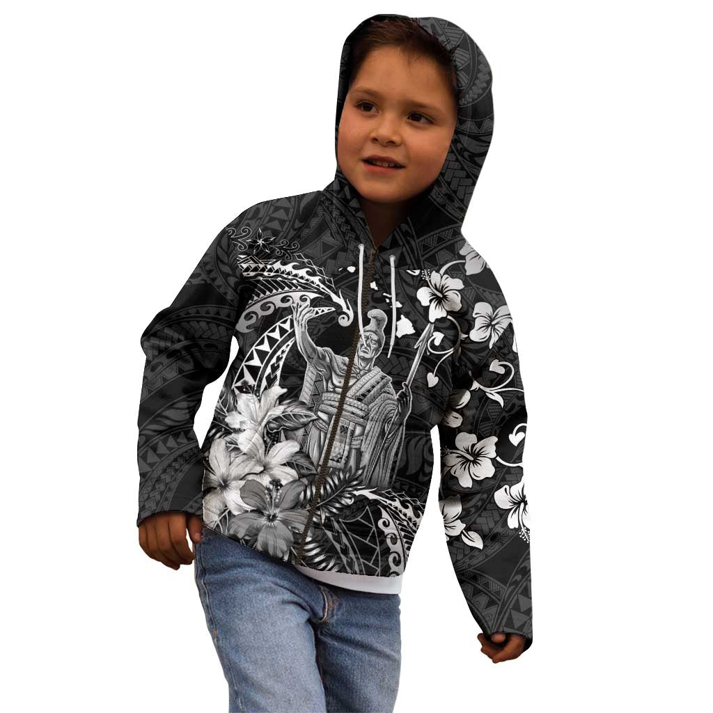 Hawaii King Kamehameha Day Kid Hoodie Polynesian Pattern Mix Hibiscus Black