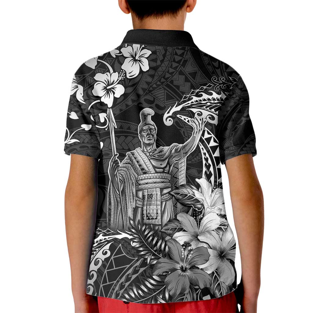 Hawaii King Kamehameha Day Kid Polo Shirt Polynesian Pattern Mix Hibiscus Black