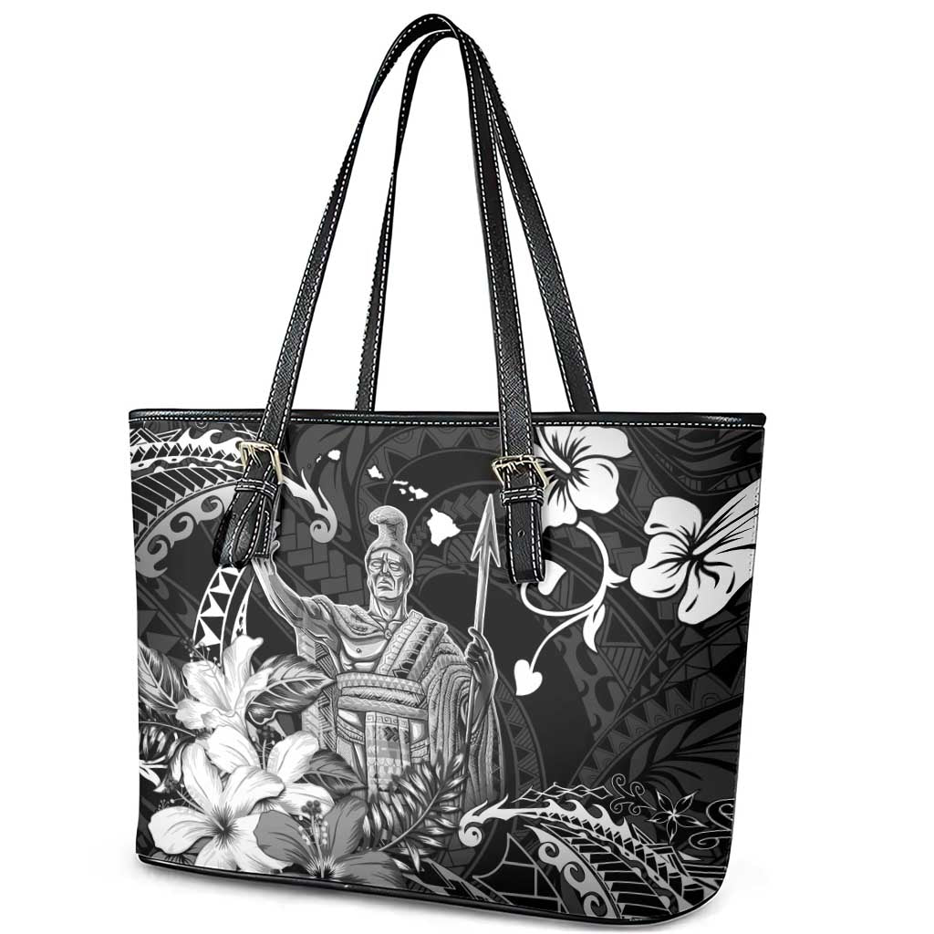 Hawaii King Kamehameha Day Leather Tote Bag Polynesian Pattern Mix Hibiscus Black