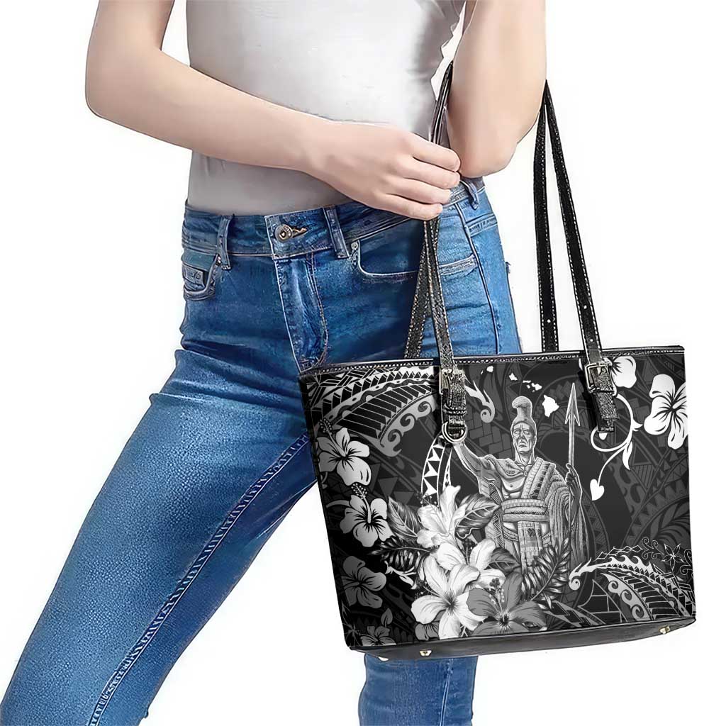 Hawaii King Kamehameha Day Leather Tote Bag Polynesian Pattern Mix Hibiscus Black