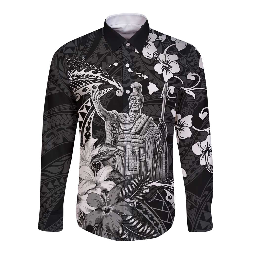 Hawaii King Kamehameha Day Long Sleeve Button Shirt Polynesian Pattern Mix Hibiscus Black