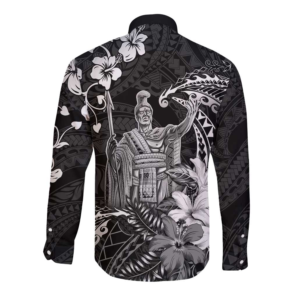 Hawaii King Kamehameha Day Long Sleeve Button Shirt Polynesian Pattern Mix Hibiscus Black
