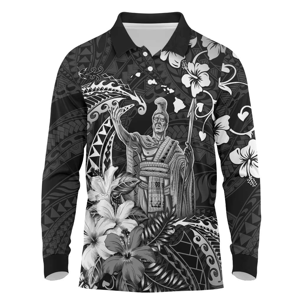 Hawaii King Kamehameha Day Long Sleeve Polo Shirt Polynesian Pattern Mix Hibiscus Black