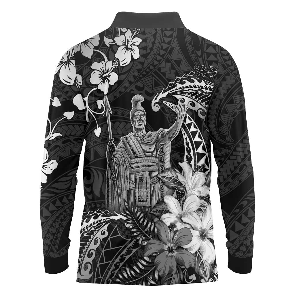 Hawaii King Kamehameha Day Long Sleeve Polo Shirt Polynesian Pattern Mix Hibiscus Black