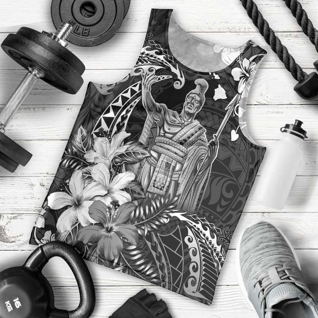 Hawaii King Kamehameha Day Men Tank Top Polynesian Pattern Mix Hibiscus Black