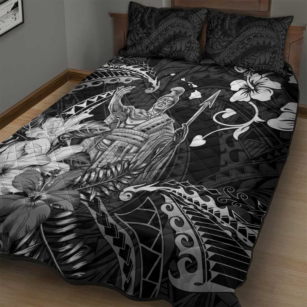 Hawaii King Kamehameha Day Quilt Bed Set Polynesian Pattern Mix Hibiscus Black