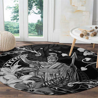 Hawaii King Kamehameha Day Round Carpet Polynesian Pattern Mix Hibiscus Black