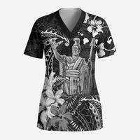Hawaii King Kamehameha Day Scrub Top Polynesian Pattern Mix Hibiscus Black - Polynesian Pride