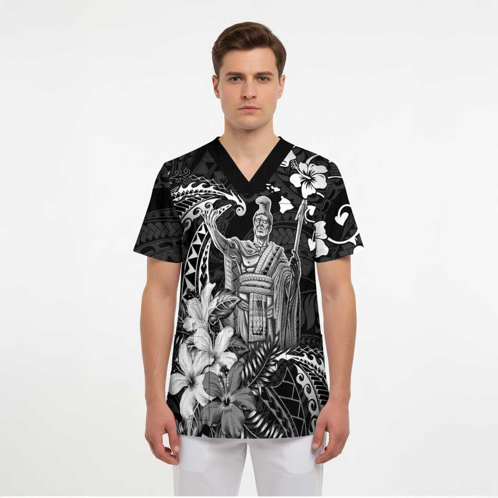 Hawaii King Kamehameha Day Scrub Top Polynesian Pattern Mix Hibiscus Black - Polynesian Pride