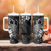 Hawaii King Kamehameha Day Tumbler With Handle Polynesian Pattern Mix Hibiscus Black