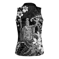 Hawaii King Kamehameha Day Women Sleeveless Polo Shirt Polynesian Pattern Mix Hibiscus Black