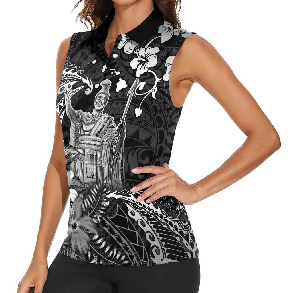 Hawaii King Kamehameha Day Women Sleeveless Polo Shirt Polynesian Pattern Mix Hibiscus Black