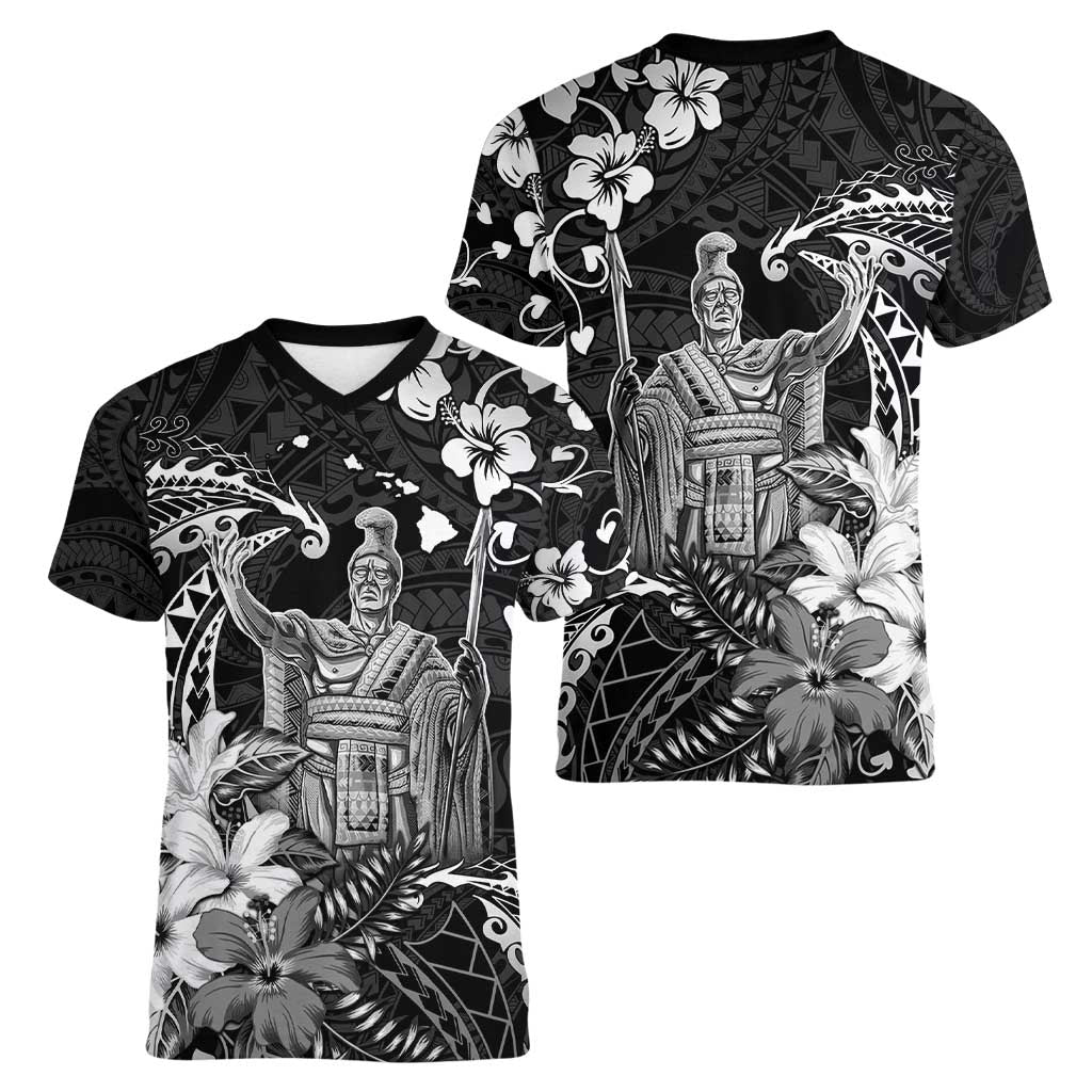 Hawaii King Kamehameha Day Women V-Neck T-Shirt Polynesian Pattern Mix Hibiscus Black