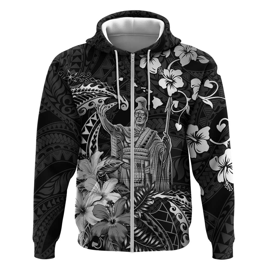 Hawaii King Kamehameha Day Zip Hoodie Polynesian Pattern Mix Hibiscus Black