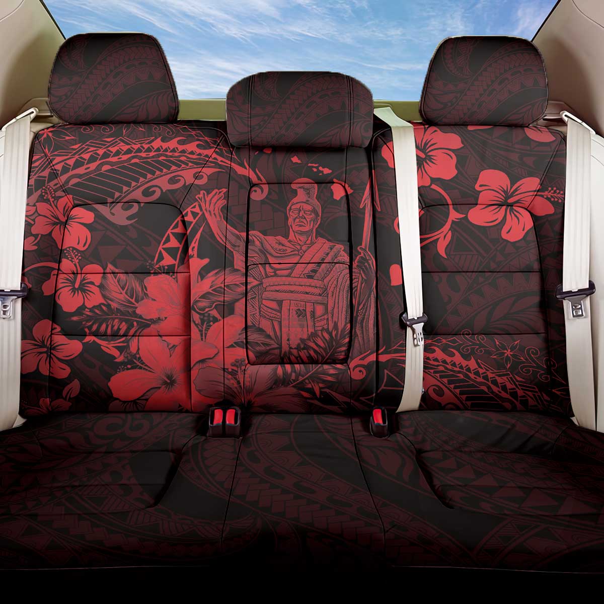 Hawaii King Kamehameha Day Back Car Seat Cover Polynesian Pattern Mix Hibiscus Red