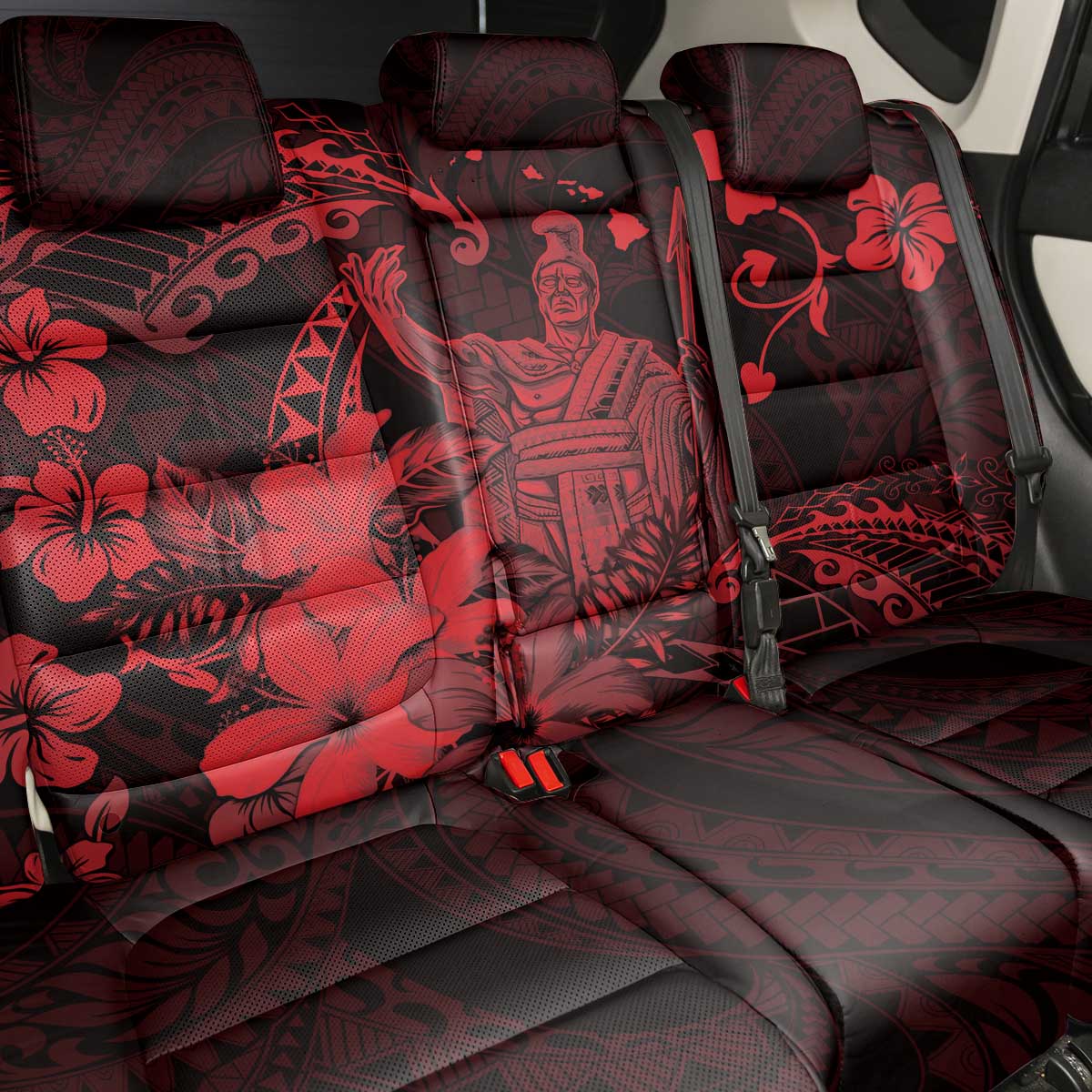 Hawaii King Kamehameha Day Back Car Seat Cover Polynesian Pattern Mix Hibiscus Red