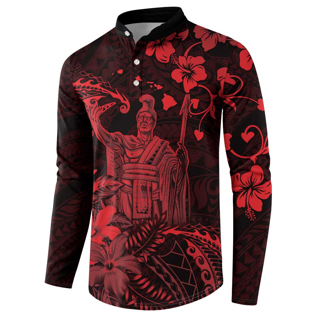 Hawaii King Kamehameha Day Button Sweatshirt Polynesian Pattern Mix Hibiscus Red