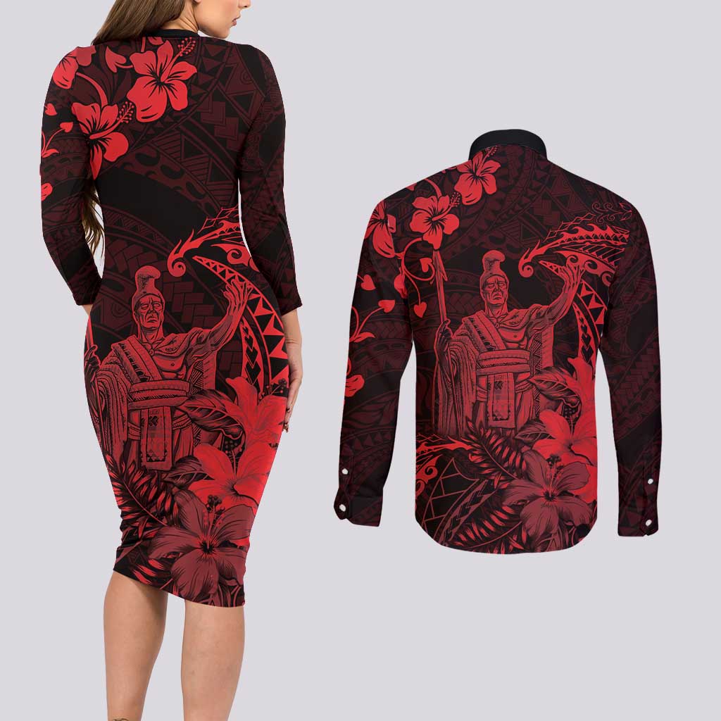 Hawaii King Kamehameha Day Couples Matching Long Sleeve Bodycon Dress and Long Sleeve Button Shirt Polynesian Pattern Mix Hibiscus Red