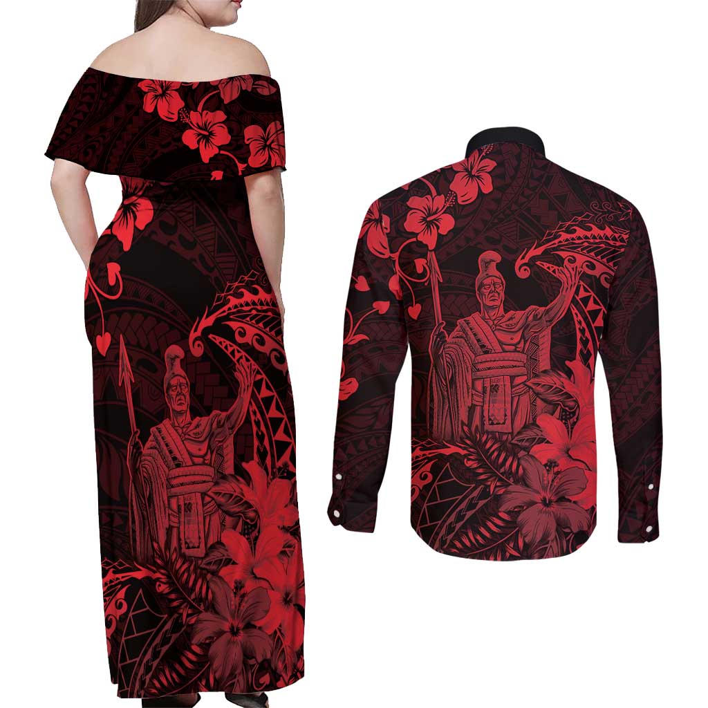Hawaii King Kamehameha Day Couples Matching Off Shoulder Maxi Dress and Long Sleeve Button Shirt Polynesian Pattern Mix Hibiscus Red