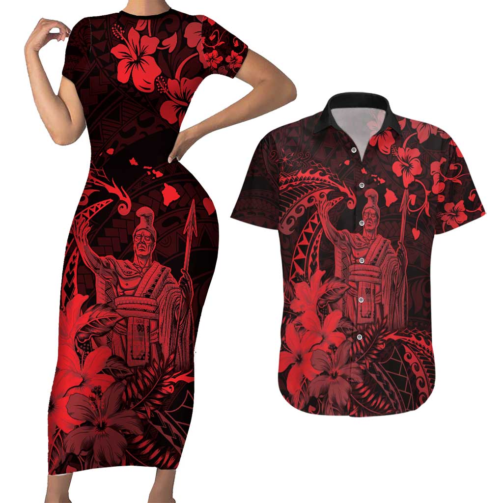 Hawaii King Kamehameha Day Couples Matching Short Sleeve Bodycon Dress and Hawaiian Shirt Polynesian Pattern Mix Hibiscus Red
